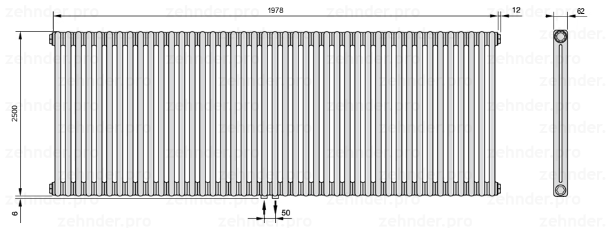 Схема (чертеж) Радиатор Zehnder Charleston 2250/43 №3470 Белый глянцевый RAL 9016